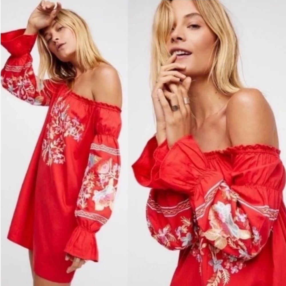 Free People Embroidered Off Shoulder Mini Dress Puff Sleeves Boho Peasant, SizeL